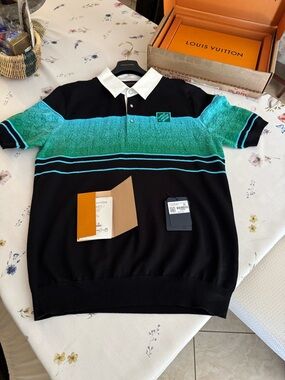 Louis Vuitton Men’s Black & Teal Gradient Stripe Polo with White Collar